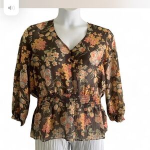 Phoebe Fairy Boho Cottage Coquette sheer Chaps Brown Floral Blouse XL